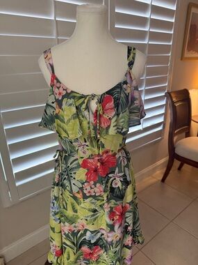 Tommy Bahama Olive and lime Green Floral Lined Dress with Pink Hibiscus